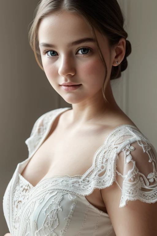 6 , beautiful detailed eyes, beautiful detailed lips, extremely detailed facial features, soft angelic smile, wearing white lace dress, delicate skin, chubby cheeks, mesmerizing gaze, macro shot, soft studio lighting, (best quality,4k,8k,highres,masterpiece:1.2),ultra-detailed,(realistic,photorealistic,photo-realistic:1.37),cinematic,warm color tones,natural lighting,porcelain skin,intricate details,adorable,cute,innocent