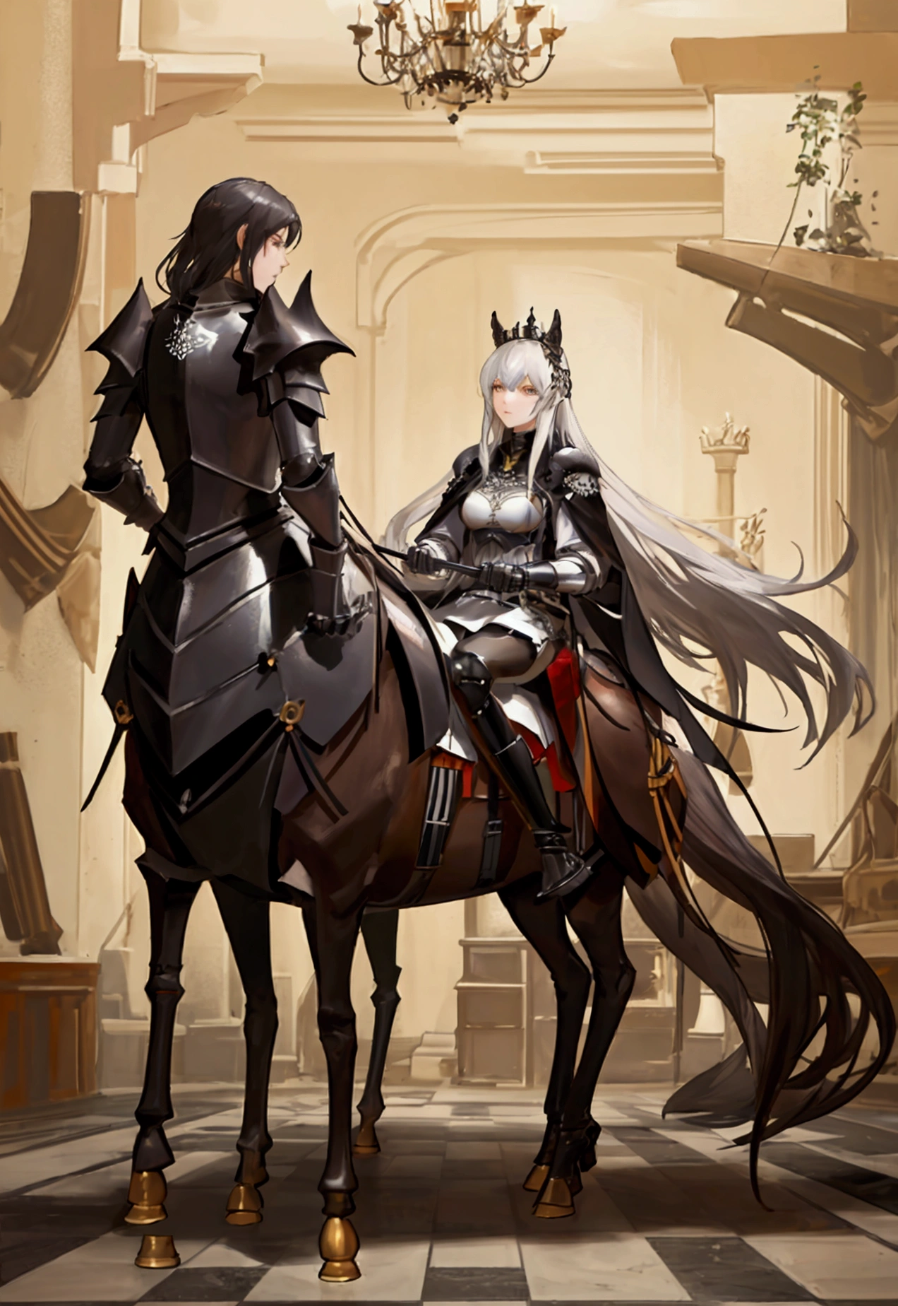 realistic chess, part of the horse seen from below, on a giant board, front perspective of black knight in chess, board pieces battling