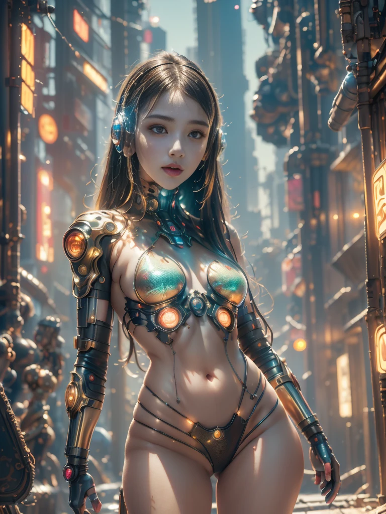 Top quality, Masterpiece, Ultra-high resolution, ((Photorealistic: 1.4), raw photo, cyberpunk girl, glowing skin, clockwork girl, (ultra realistic details)), cute young woman, standing looking at the sky, small lamps Bright LEDs, global illumination, Deep shadows, intricate ornaments, baroque details, very intricate details, location: planet Mars, strange machines, levitating ships, reddish tone