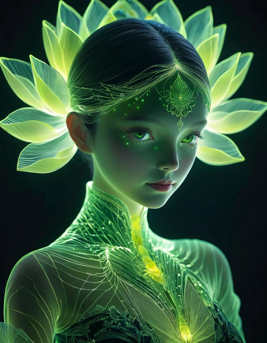 high resolution, Super detailed, (1 girl:1.3),(lotus)
BREAK Sun exposure, reverberation, Experimental photography, surreal contrast, Eye-catching visuals, Artistic abstraction,
Break the art of cutting, layered silhouette, complex patterns, exquisite craftsmanship, shadow play, Depth and size, creative expression,
break art, Frozen sculpture, translucent forms, short-lived beauty, Crystal structure, exquisite craftsmanship, impressive,
break green eye,body glow,Glowing lines,fluorescence,glow example,Example tracking,flash,萤light particles,Backlight,Translucent,light particles