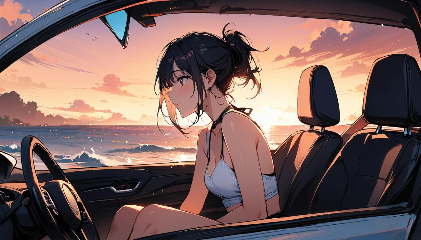 (masterpiece, Highest quality:1.2), 1 Girl, alone,Eyes open,Are you having fun,Tropical atmosphere,Riding in a car near the sea