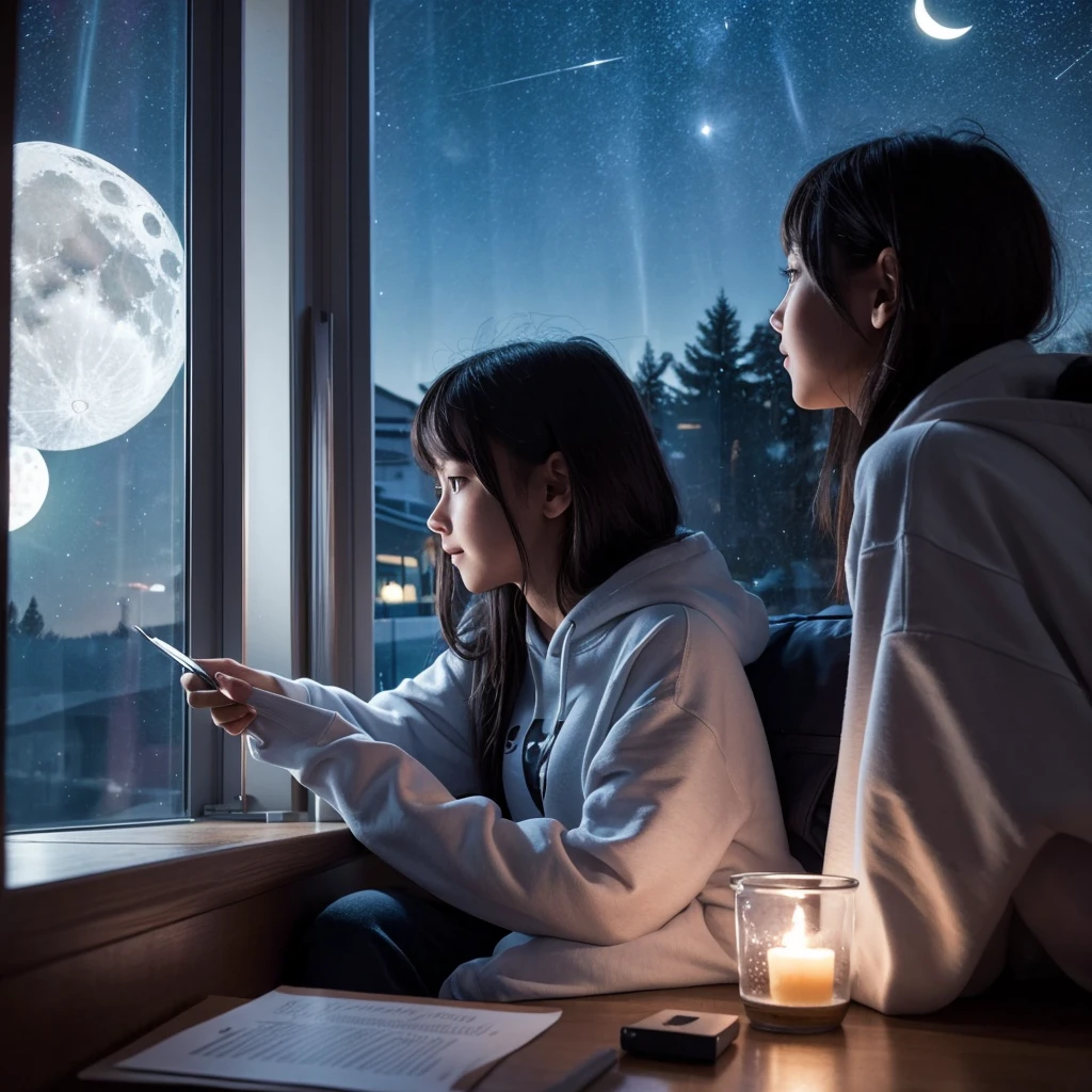 night,A girl studying in the light,profile,Esbian all over,Sit on a chair,Hoodies and sweatshirts,Moon and stars outside the window