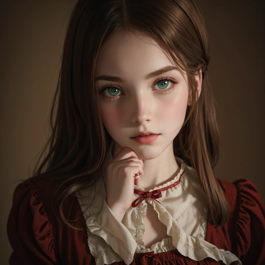 girl with pale skin, brown hair, green eyes, cute thin nose, dressed in a red vintage dress 