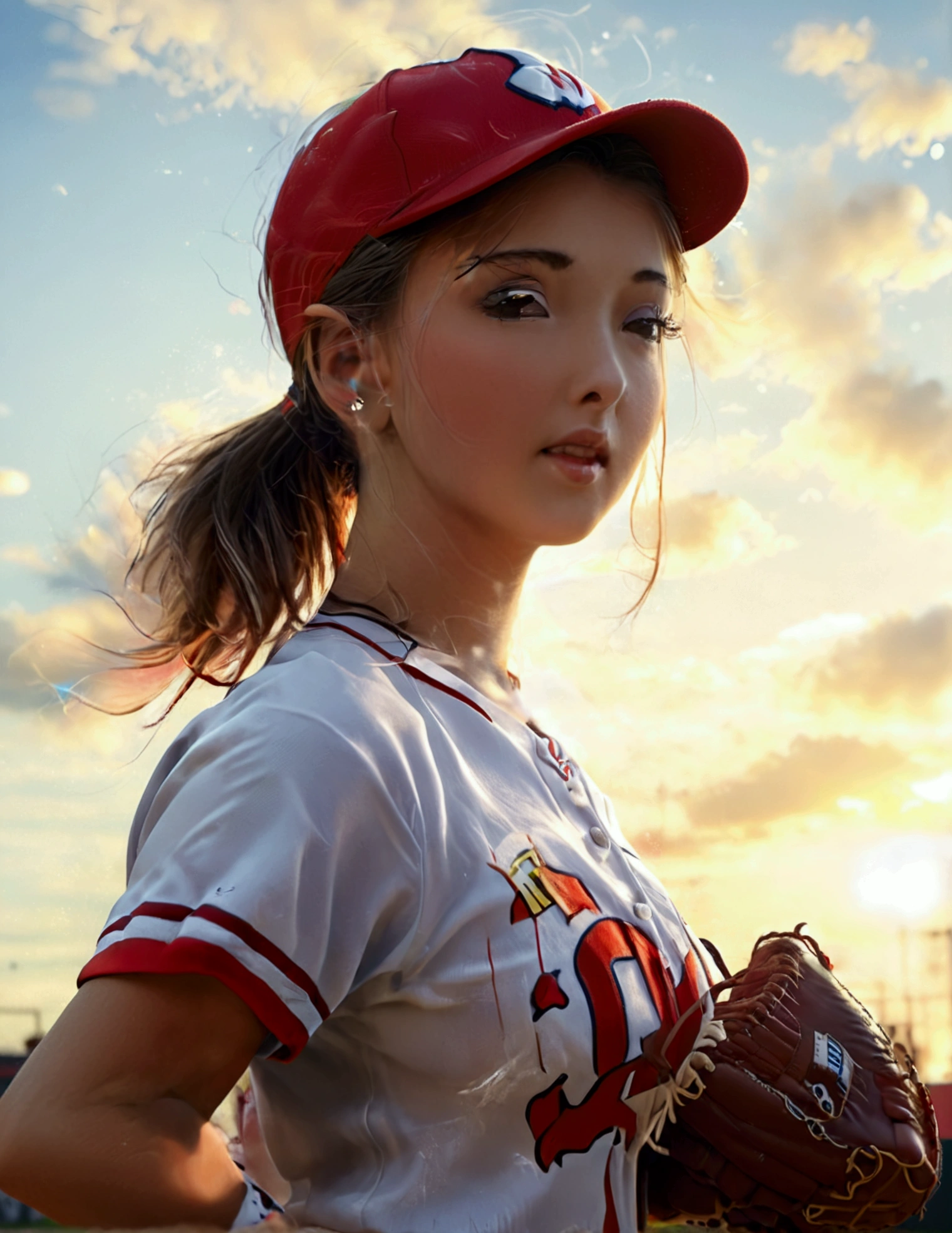 a cute woman in a sexy baseball uniform with her hair in a ponytail, sliding into 3rd base, entire body visible, camera angle low to the ground, highly detailed, photorealistic, 8k, best quality, masterpiece, ultra-detailed, sharp focus, physically-based rendering, extreme detail description, vivid colors, professional