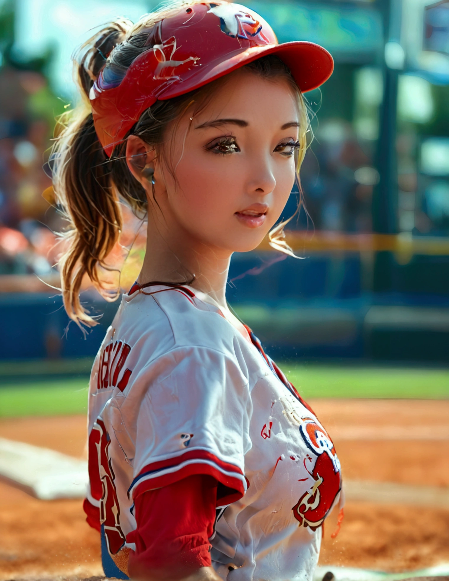 a cute woman in a sexy baseball uniform with her hair in a ponytail, sliding into 3rd base, entire body visible, camera angle low to the ground, highly detailed, photorealistic, 8k, best quality, masterpiece, ultra-detailed, sharp focus, physically-based rendering, extreme detail description, vivid colors, professional