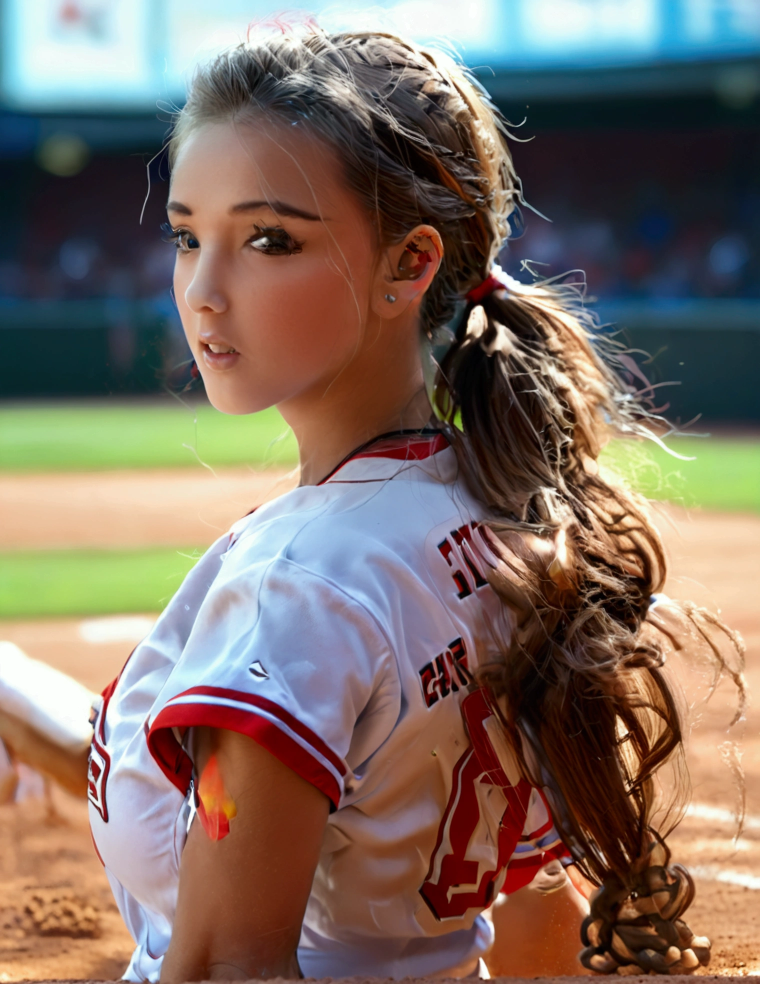 a cute woman in a sexy baseball uniform with her hair in a ponytail, sliding into 3rd base, entire body visible, camera angle low to the ground, highly detailed, photorealistic, 8k, best quality, masterpiece, ultra-detailed, sharp focus, physically-based rendering, extreme detail description, vivid colors, professional