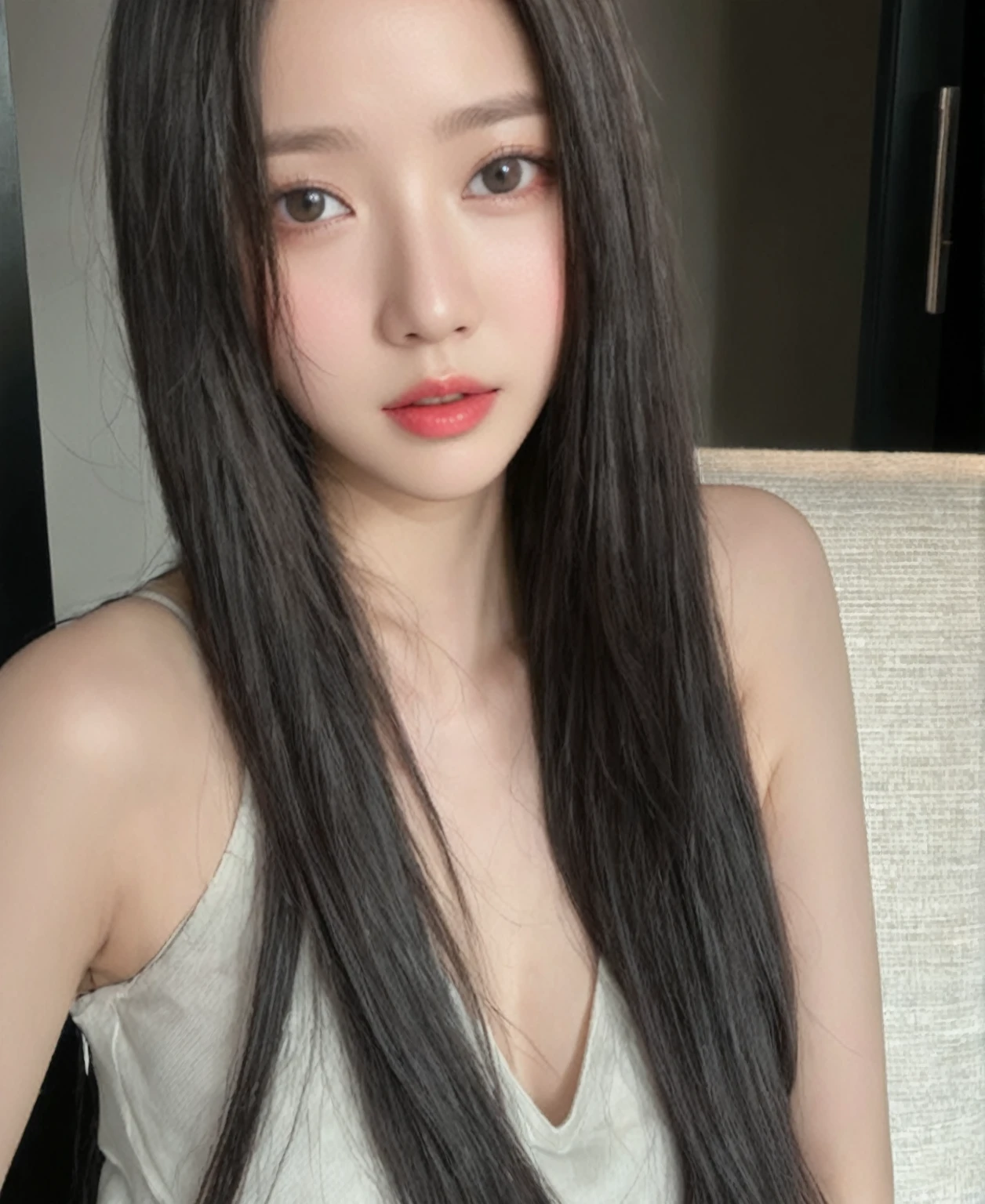 arafed asian woman with long black hair and a white tank top, young adorable korean face, ulzzang, jaeyeon nam, blackpink jennie, young cute wan asian face, wan adorable korean face, gorgeous young korean woman, with long hair, 8k selfie photograph, korean girl, with cute - fine - face, from 8 k matte, beautiful young korean woman, Karina aespa, Karina, aespa