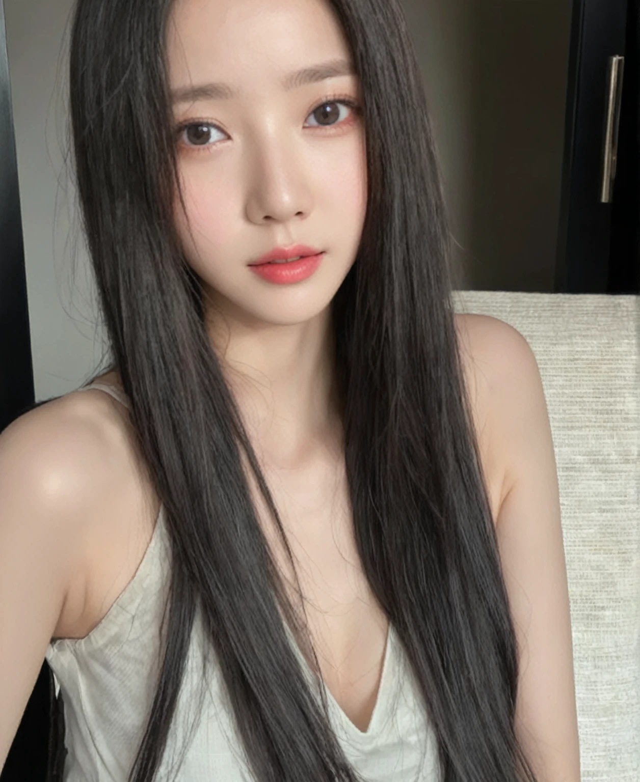 arafed asian woman with long black hair and a white tank top, young adorable korean face, ulzzang, jaeyeon nam, blackpink jennie, young cute wan asian face, wan adorable korean face, gorgeous young korean woman, with long hair, 8k selfie photograph, korean girl, with cute - fine - face, from 8 k matte, beautiful young korean woman, Karina aespa, Karina, aespa