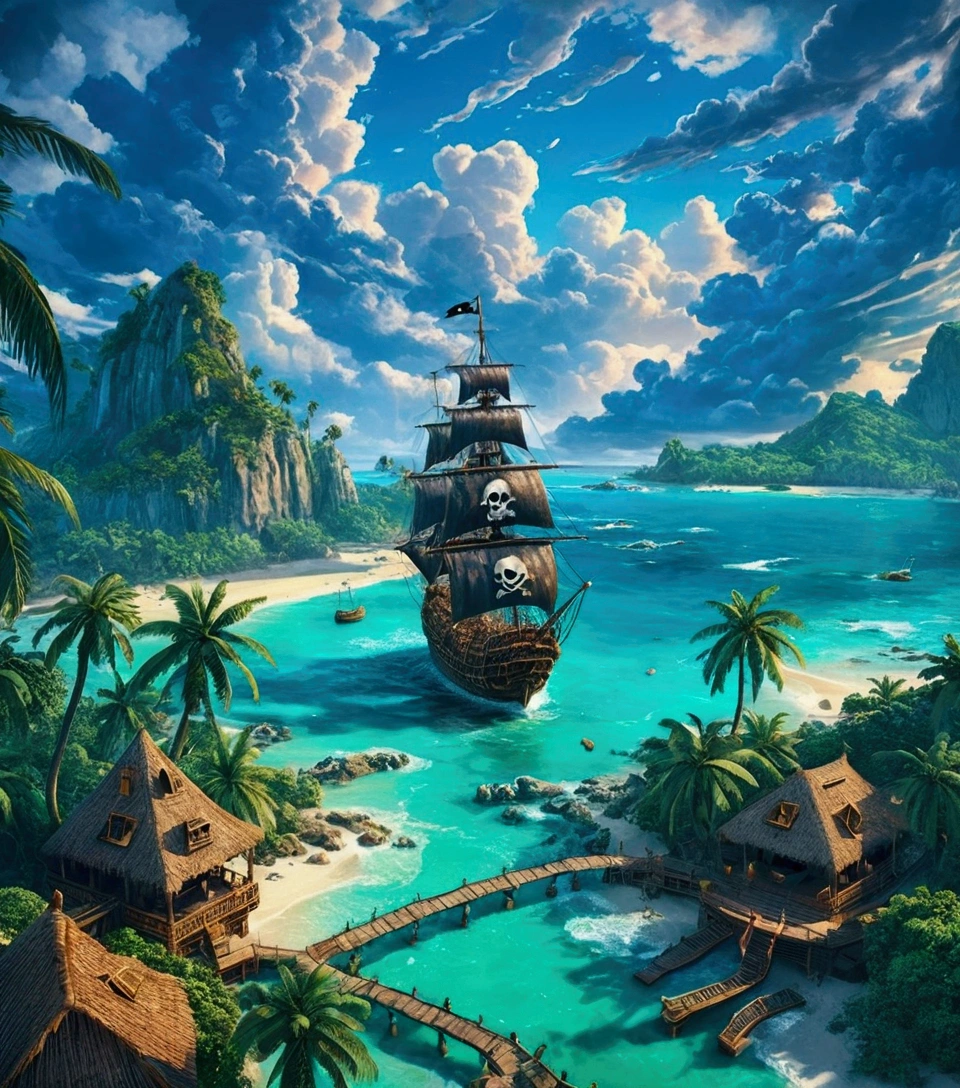 pirate ship in the ocean with a beach and palm trees, highly detailed digital artwork, amazing wallpaper, 8k high quality detailed art, 4k highly detailed digital art, highly detailed background, very high detailed, highly detailed 4 k art, 8k stunning artwork, amazing background, 8 k highly detailed art, highly detailed digital art, 4 k highly detailed art, official artwork