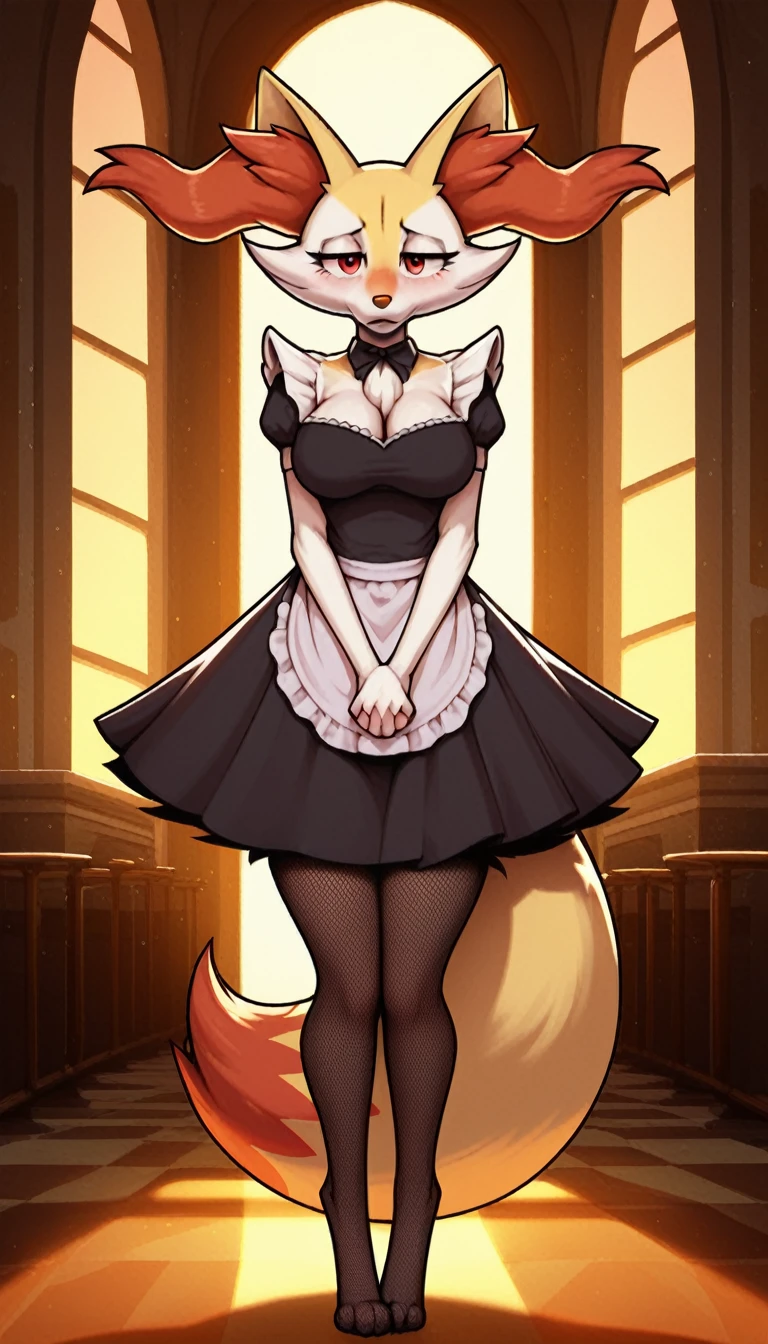 1girl, anthro, furry, fur, fluffy fur, braixen girl, Red eyes, full body, (19 years), big breast, thicc thighs, solo, (mansion), sunset, detailed, maid outfit, fishnet stockings, (shy), nervous, sunset, (sad), (depressed), (baggy eyes), standing, half-closed eyes, frontal view, hands together, looking at the viewer, score_9, score_8_up, score_7_up, score_6_up, score_5_up, score_4_up