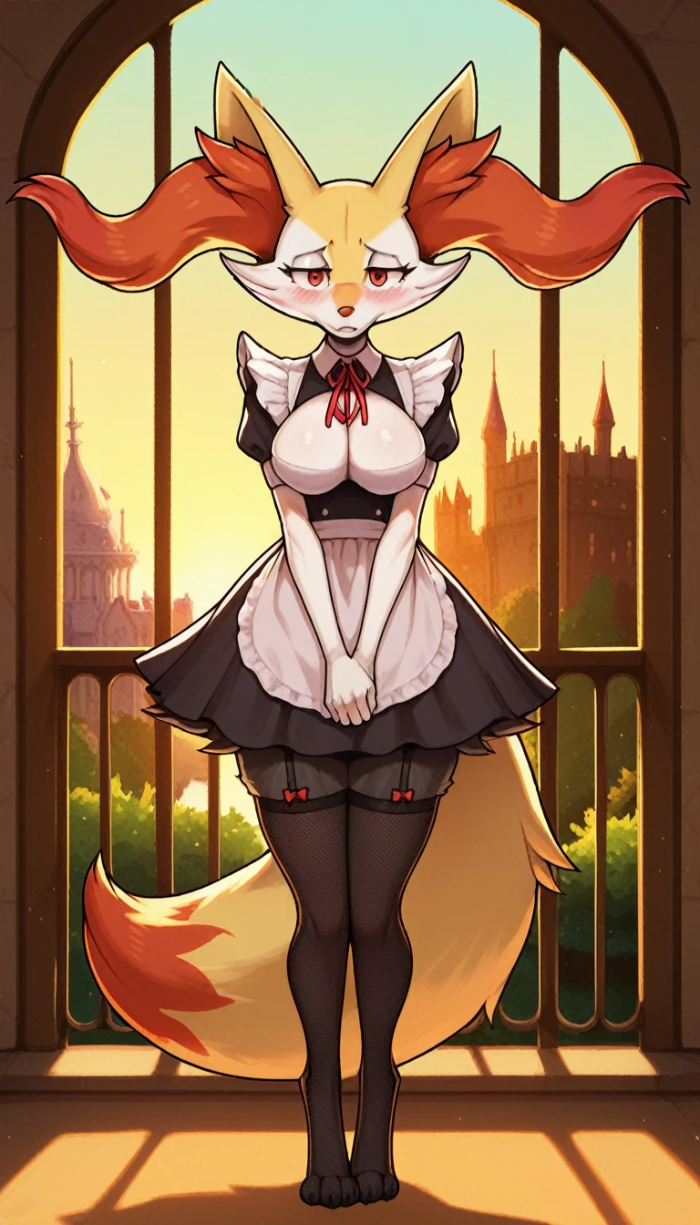 1girl, anthro, furry, fur, fluffy fur, braixen girl, Red eyes, full body, (19 years), big breast, thicc thighs, solo, (mansion), sunset, detailed, maid outfit, fishnet stockings, (shy), nervous, sunset, (sad), (depressed), (baggy eyes), standing, half-closed eyes, frontal view, hands together, looking at the viewer, score_9, score_8_up, score_7_up, score_6_up, score_5_up, score_4_up