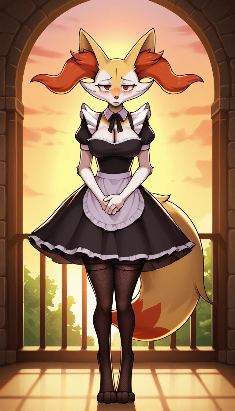 1girl, anthro, furry, fur, fluffy fur, braixen girl, Red eyes, full body, (19 years), big breast, thicc thighs, solo, (mansion), sunset, detailed, maid outfit, fishnet stockings, (shy), nervous, sunset, (sad), (depressed), (baggy eyes), standing, half-closed eyes, frontal view, hands together, looking at the viewer, score_9, score_8_up, score_7_up, score_6_up, score_5_up, score_4_up