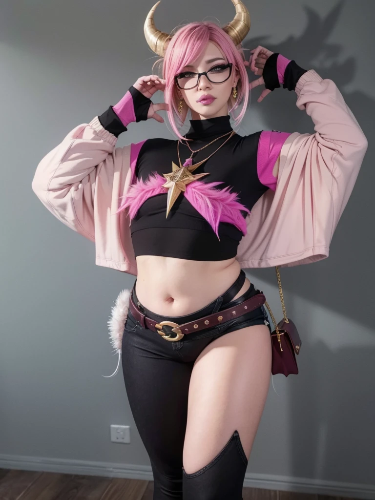 morrigan_Aensland, beautiful face, pink eyes, Loving eyes, Devil, together, strict face, evil smile,realisticlying,(Masterpiece, Best Quality:1.2), 1 girl, Alone, city background, Hoar \(fortnite\), Harpy Haze de fortnite, 1 girl, earrings, glasses, has, jewelry, lips, wide, looking at the viewer, make up, esmalte de nails, pink eyes, pink hair, nails rosas, SMILE, sunglasses, tinted glasses, belt, black pants, crop top, shadow, diaphragm, belly button, pants, choker, nails, round glasses, sharp nails, standing, black feathers, black hats, hoop earrings, sombreros con horns, horns, denim, winged arms, adorno de feathers, Star \(Symbol\), elbow gloves, dark pink lips, feathers, heels, shoes, angel Alas, bracelet, black Alas, crop top overhang, feathered Alas, harpy, low Alas, multicolor fur, multicolored Alas, pink Alas, Alas, Gloves without fingers, shirt, long nails, boater has, bootcut pants, leather pants, sleeves, black sleeves,