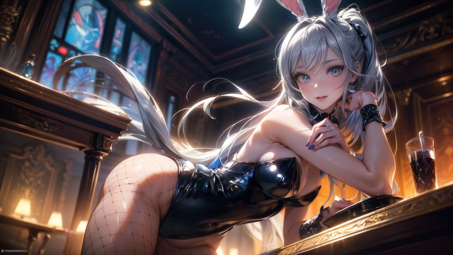 (Highest quality:1.2, High detail, masterpiece:1.2, Best aesthetics), (1 Girl), Cowboy Shot, ((Playboy Bunny, Fishnet tights:1.2, Bunny ears, ハイレグ leotard, 白leotard:1.1, leotard)), (Silver Hair, ponytail, Asymmetrical bangs, Bright Blue Eyes), Beautiful attention to detail, Beautiful lip detail, Highly detailed face, Detailed Fashion, elegant, luxury, High quality fabric, Shine, Shine, smile, Random Pause, Dutch Angle, bar, Nightclub, night, Dramatic lighting, Cinematic, Bright colors, Intricate details, Chiaroscuro lighting.