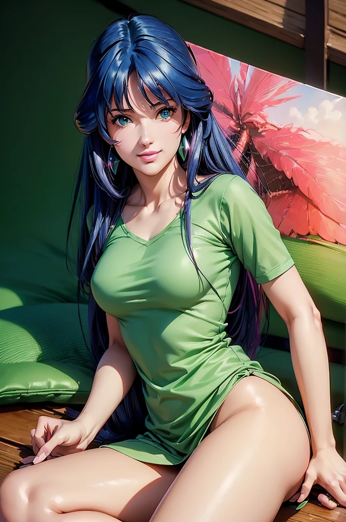 ((((Hyper realistic,high detailed quality)))),(((lynn minmay)))alone, whole body,earrings, eyelash, shackles,, (((lynn minmay))),(playa,(palm),crew,(green shirt), Floral,pink lips),Sexy and exciting smile,, (shiny skin:1.05),(blush:0.9),(dents in the skin:1.15),realist, ((Masterpiece, of the highest quality, high resolution,unstructured, (Perfect face:1.1), (sharp focus:1.1),, Trends with ArtStation, trend on CGsociety, Complex, high detail, sharp focus, dramatic)).