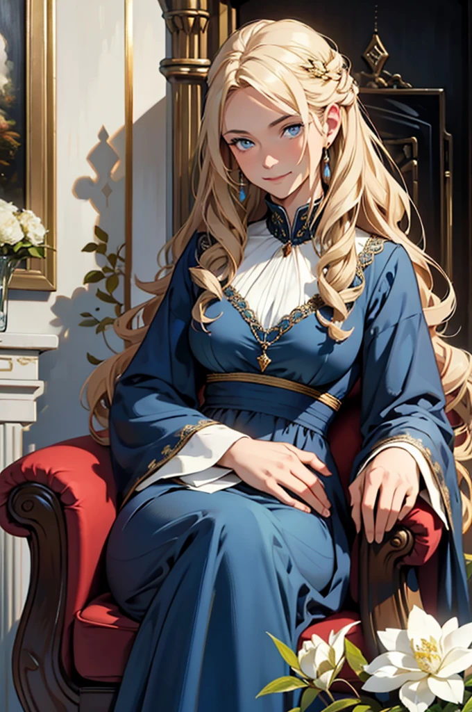 35 year old woman, with defined facial features, shy smile, clear skin, long curly hair, pale gold color, blue eyes, wearing a dark red medieval nobility dress, sitting in a brown armchair, with hands in lap, oil painting, above a fireplace, vases with white flowers, petrol blue color background