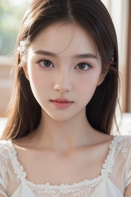 6 , beautiful detailed eyes, beautiful detailed lips, extremely detailed facial features, soft angelic smile, wearing white lace dress, delicate skin, chubby cheeks, mesmerizing gaze, macro shot, soft studio lighting, (best quality,4k,8k,highres,masterpiece:1.2),ultra-detailed,(realistic,photorealistic,photo-realistic:1.37),cinematic,warm color tones,natural lighting,porcelain skin,intricate details,adorable,cute,innocent