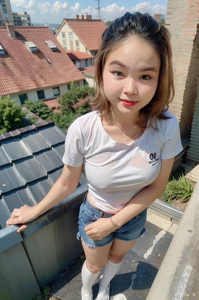 ((Midnight, highest quality, 8k, masterpiece :1.3)), whole body, Long legs, Sharp focus :1.2, Beautiful woman with perfect figure :1.4, Slim Abs :1.1, ((Dark brown hair, small Breasts :1.2)), (White tight T-shirt, shorts Jeans, Are standing:1.2), ((Night city view, rooftop:1.3)), Highly detailed face and skin texture, Fine grain, Double eyelids one girl,highest quality,masterpiece,figure,Very delicate and beautiful,CG,Unity,8k wallpaper,wonderful,In detail,masterpiece,Official Art,Very detailed CG Unity 8k wallpaper,Incredibly absurd,Large file size,Very detailedな,High resolution,Very detailed,Beautiful detailed girl,Realistic,from the front,Outdoor, Knee-high socks, bangs, Black boots