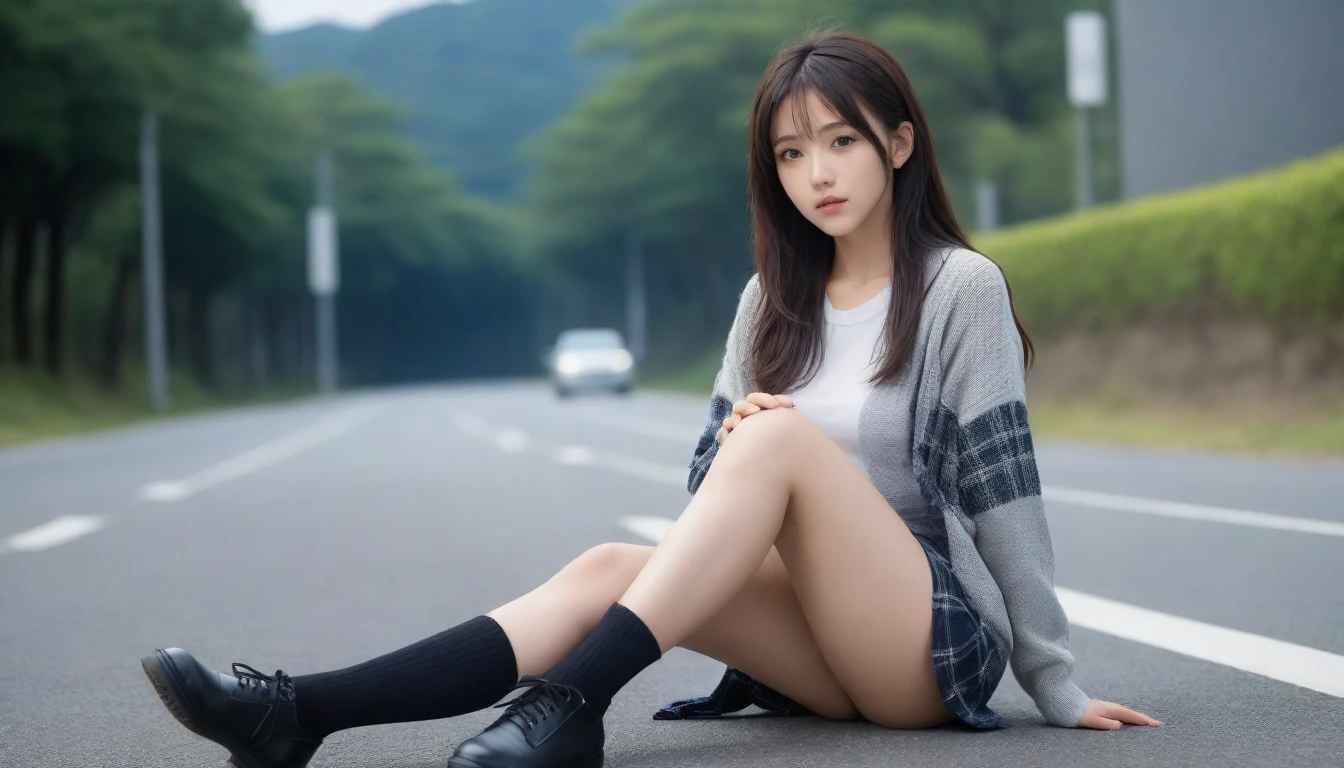 8K, Ultra-high resolution, Highest quality, masterpiece, 三分割法によるphotograph,Surreal, photograph, 1 Girl, (:1.3), pretty girl, Cute face, Beautiful eyes in every detail, 細かくdetailedに,masterpiece,One Girl:1.2, Japan Female Announcer,whole body,from below,Fearful expression,Black Hair,Messy hair,Cyber city of the near future,Wearing a cardigan sweater on your back、A girl sitting cross-legged in the middle of the road,Facing forward, Plaid pencil skirt, High socks and black shoes,Beautiful leg line beauty,Realistic Skin, Perfect and beautiful face ,完璧でCute face, Skin with attention to detail, Perfect limbs、Narrow waist、Thin legs),Looking at the audience、beauty,Long neck、(((Ideal body type))),A cup small breasts :2,Portraiture:2,Perfect Anatomy,鮮明なdetailed,detailed,Surreal,Light and shadow,darkness