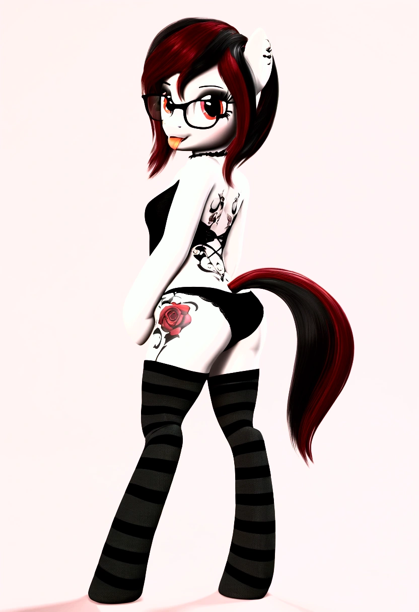 (((my little pony))), four stockings, (red hair, white body, red eyes) cute face, tongue out, striped stockings, standing on four hooves, cool glasses, showing butt, ((a lot of tattoo on body:1.3)), goth style, ((children's panties)), (breasts)