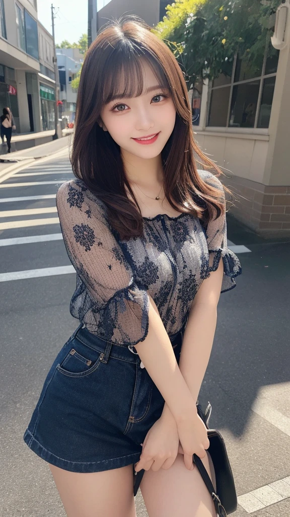masterpiece, best quality, illustration, ultra-detailed, finely detailed, high resolution, 8K wallpaper, perfect dynamic composition, beautiful detailed eyes, summer blouse setup clothes, medium hair, small breasts, natural color lips, bold sexy poses, smile, Harajuku, 18 years old girl, cute, sexy shot, looking at camera