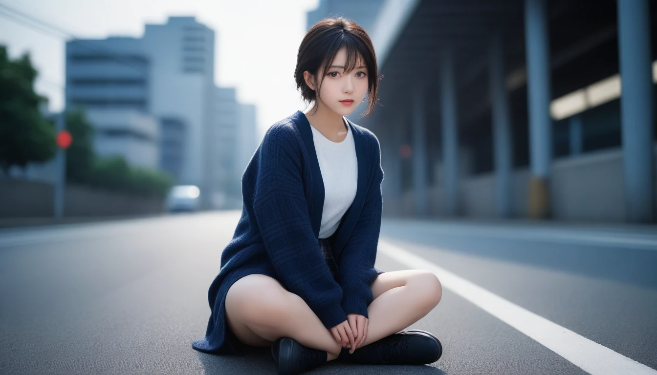 8K, Ultra-high resolution, Highest quality, masterpiece, 三分割法によるphotograph,Surreal, photograph, 1 Girl, (16 years old:1.3), pretty girl, Cute face, Beautiful eyes in every detail, 細かくdetailedに,masterpiece,One Girl:1.2, Japan Female Announcer,whole body,from below,Fearful expression,Black Hair,Messy hair,Cyber city of the near future,Wearing a cardigan sweater on your back、A girl sitting cross-legged in the middle of the road,Facing forward, Plaid pencil skirt, High socks and black shoes,Beautiful leg line beauty,Realistic Skin, Perfect and beautiful face ,完璧でCute face, Skin with attention to detail, Perfect limbs、Narrow waist、Thin legs),Looking at the audience、beauty,Long neck、(((Ideal body type))),A cup small breasts :2,Portraiture:2,Perfect Anatomy,鮮明なdetailed,detailed,Surreal,Light and shadow,darkness