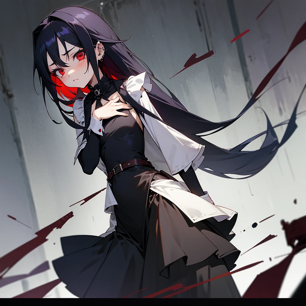 2 anime girl looking coldly at camera, flat chest, dark dress, hand on cheek, piercings, maid, red eyes, abandoned room background, dark fantasy, vignette