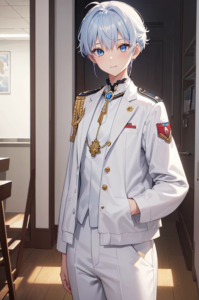 masterpiece, top quality, best quality, official art, beautiful and aesthetic:1.2), (8k, best quality, masterpiece:1.2), (((masterpiece))), (((best quality))), (((extremely detailed))), illustration, who, (masterpiece, top quality, best quality, official art, beautiful and aesthetic:1.2), (8k, best quality, masterpiece:1.2), 1girl, classroom, standing, detailed eyes, blue eyes, white , (((white jacket))), white vest, (((marine jacket with small medals))), necktie, well dressed, anime trap, (((tomboy))), rat tail, (((white dress pants))), white and blue hair, frizzy hair,, smile, full body, classroom, confident, silly,