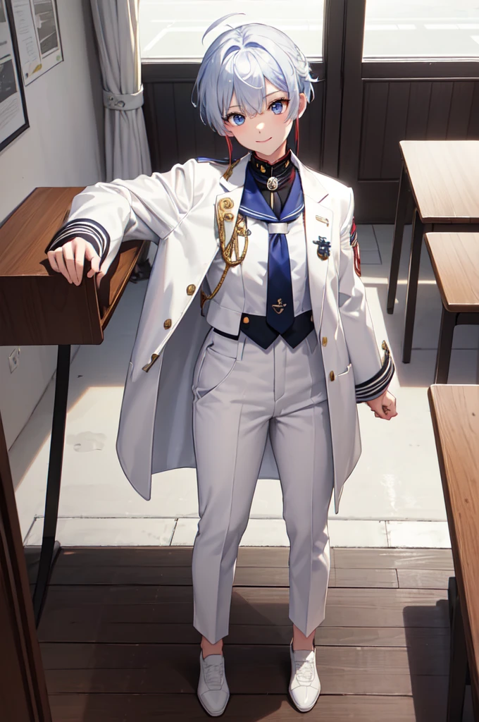 masterpiece, top quality, best quality, official art, beautiful and aesthetic:1.2), (8k, best quality, masterpiece:1.2), (((masterpiece))), (((best quality))), (((extremely detailed))), illustration, who, (masterpiece, top quality, best quality, official art, beautiful and aesthetic:1.2), (8k, best quality, masterpiece:1.2), 1girl, classroom, standing, detailed eyes, blue eyes, white , (((white jacket))), white vest, (((marine jacket with small medals))), necktie, well dressed, anime trap, (((tomboy))), rat tail, (((white dress pants))), white and blue hair, frizzy hair,, smile, full body, classroom, confident, silly,