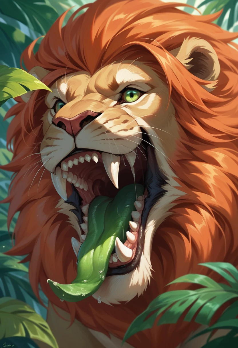  lion with green eyes and green tongue with orange mane and shags on his mane roaring showing his sharp teeth in the middle of a tropical jungle with foliage and many colorful flowers around him, warm colors, close-up of the front