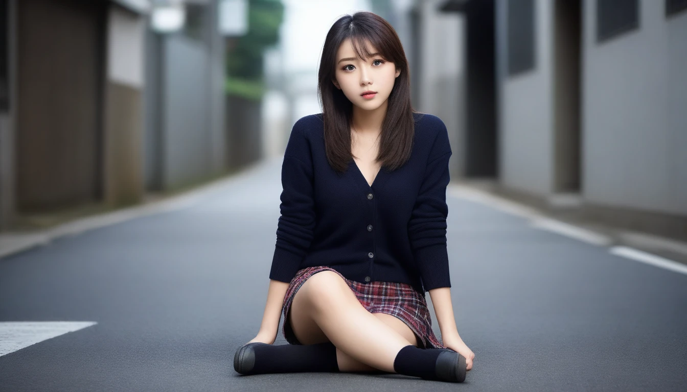 8K, Ultra-high resolution, Highest quality, masterpiece, 三分割法によるphotograph,Surreal, photograph, 1 Girl, (16 years old:1.3), pretty girl, Cute face, Beautiful eyes in every detail, 細かくdetailedに,masterpiece,One Girl:1.2, Japan Female Announcer,whole body,from below,Fearful expression,Black Hair,Messy hair,Cyber city of the near future,Wearing a cardigan sweater on your back、A girl sitting cross-legged in the middle of the road,Facing forward, Plaid pencil skirt, High socks and black shoes,Beautiful leg line beauty,Realistic Skin, Perfect and beautiful face ,完璧でCute face, Skin with attention to detail, Perfect limbs、Narrow waist、Thin legs),Looking at the audience、beauty,Long neck、(((Ideal body type))),A cup small breasts :2,Portraiture:2,Perfect Anatomy,鮮明なdetailed,detailed,Surreal,Light and shadow,darkness