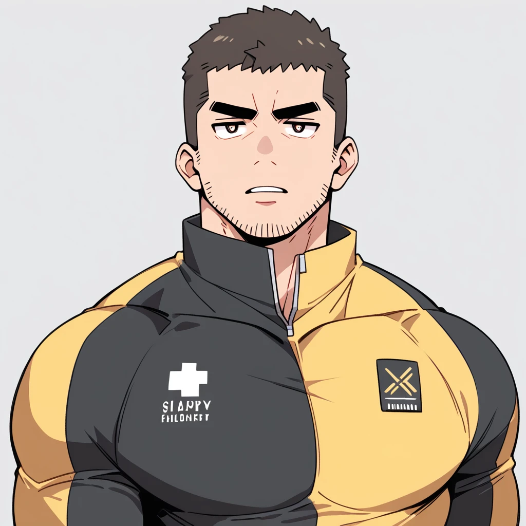anime characters:Chris Redfield, Muscle Sports Student, Buzz Cut, Manliness, male focus, Dark black Yellow high collar long sleeve tight T-shirt, Very tight, full and perky chest muscles, muscular male, muscular, only, Upper body, alone, Black short hair, Thick eyebrows, stubble, Brown-red pupils, Grey background, simple background, amazing quality, best aesthetics, Ridiculous, parted lips, v-shaped eyebrows, jitome, best quality