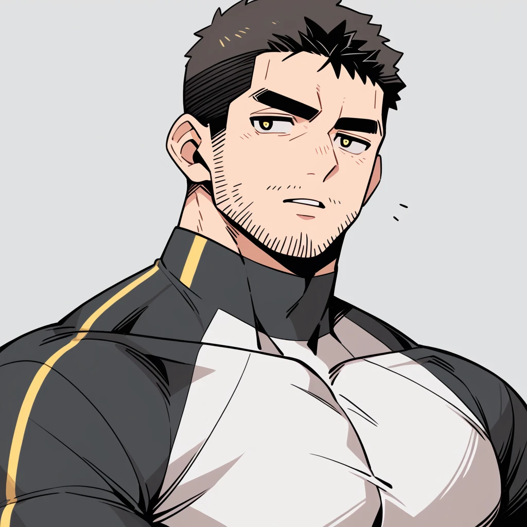 anime characters：Chris Redfield, Muscle Sports Student, Buzz Cut, Manliness, male focus, Dark black Yellow high collar long sleeve tight T-shirt, Very tight, full and perky chest muscles, muscular male, muscular, only, Upper body, alone, Black short hair, Thick eyebrows, stubble, Brown-red pupils, Grey background, simple background, amazing quality, best aesthetics, Ridiculous, parted lips, v-shaped eyebrows, jitome, best quality