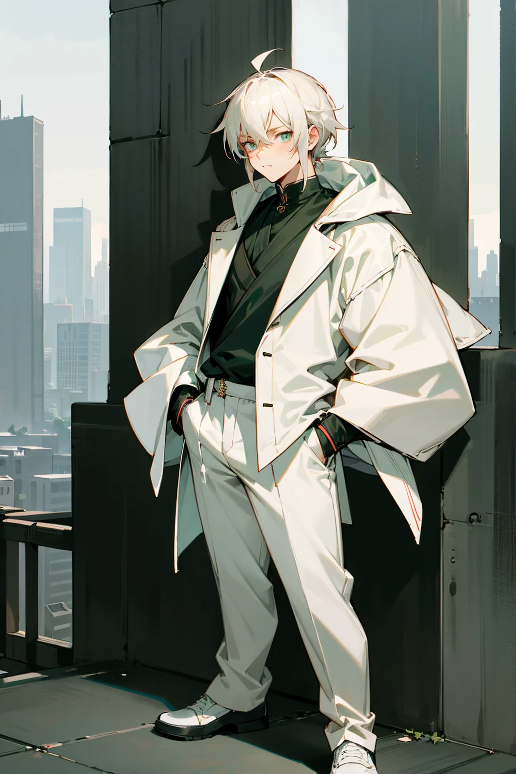 Masterpiece Quality, Perfect Generation, Dark Green Eyes, Detailed Eyes, Skin, White Tied Back Hair, Muscular, Yukata Clothing, Bored Expression, , City Background, Full Body, Two Toned White Highlighted Hair, Teen, , male, facing viewer, Standing Outside, Close, Hands In Pocket,