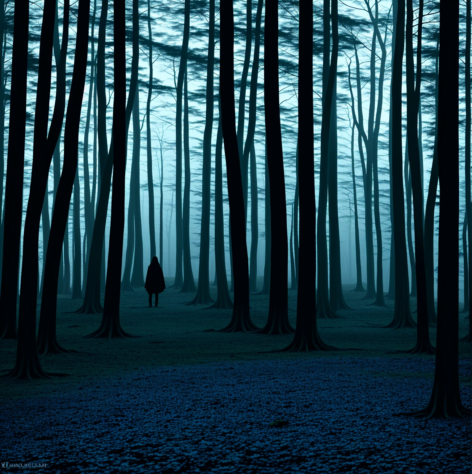 a monster in the woods, hidden by night, triangular shaped head, long patchy hair across entire body, lanky, really long torso, on all fours, staring at you, 4 bright white eyes, hidden in shadows, in the woods at night, horrifying encounter, cryptid, shrouded entirely in darkness