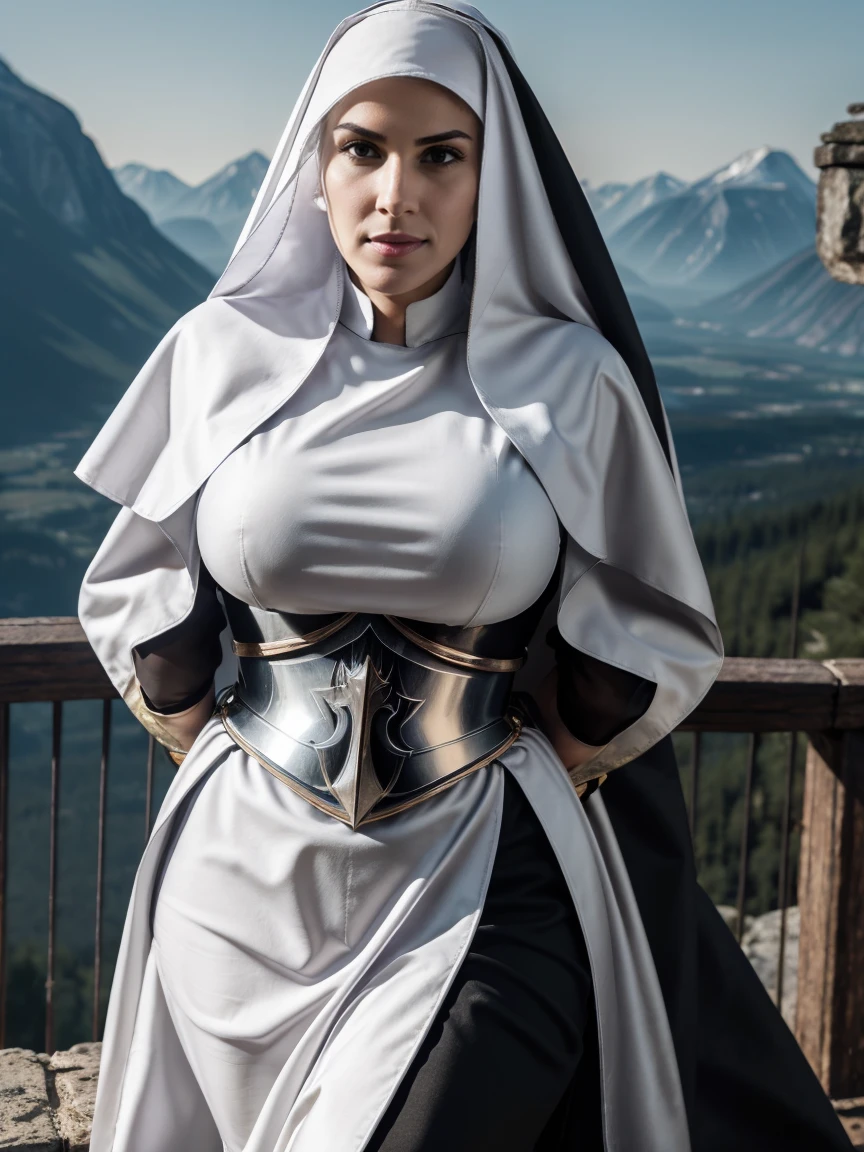 (masterpiece, top quality, best quality, official art, beautiful and aesthetic:1.2), (1girl:1.3), ((Sharp facial features, sharp features, hawkish features)), ((grey eyes)), busty paladin knight girl, extremely detailed, portrait, looking at viewer, solo, (full body:0.6), detailed background, full-body shot, (cold mountain nighttime glacier theme:1.1), holy knight, (nun), charlatan, smirk, mysterious, swaying in mountains, armor, polished metal, gold trim, long boots, white fabric, pelvic curtain, robe, pale leather, ((((nun, crossbow, heavy armor, armored, long legs, robes, prayer scrolls, toned, muscular)))), slim waist, slim hips, long legs, medieval (mountain exterior:1.1) background, dark mysterious lighting, shadows, magical atmosphere, dutch angle