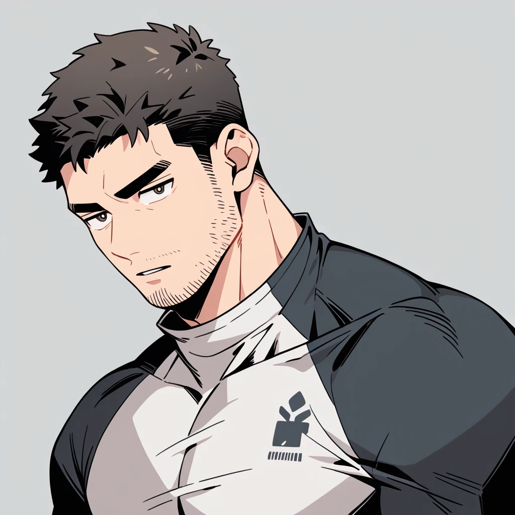 anime characters:Chris Redfield, Muscle Sports Student, Buzz Cut, Manliness, male focus, Dark black Yellow high collar long sleeve tight T-shirt, Very tight, full and perky chest muscles, muscular male, muscular, only, Upper body, alone, Black short hair, Thick eyebrows, stubble, Brown-red pupils, Grey background, simple background, amazing quality, best aesthetics, Ridiculous, parted lips, v-shaped eyebrows, jitome, best quality
