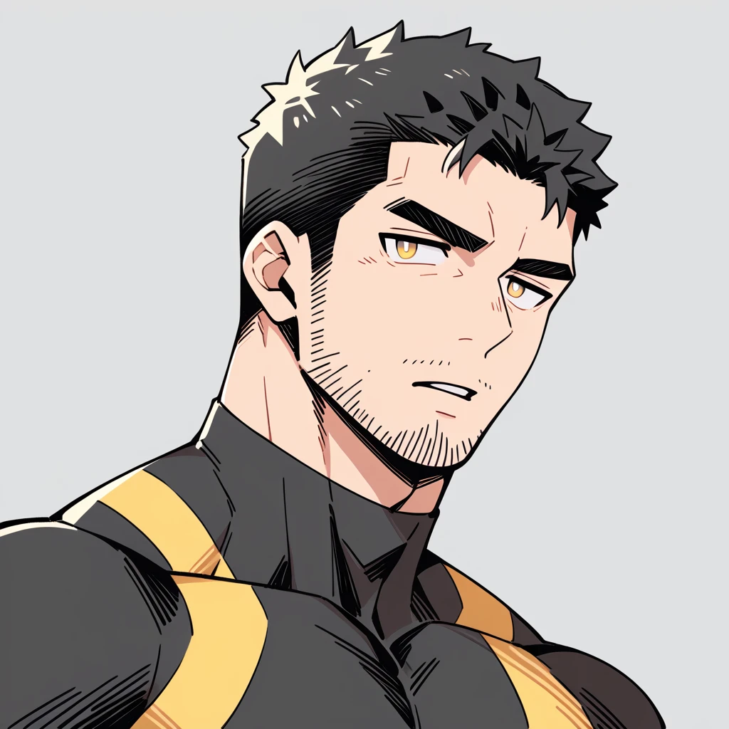 anime characters：Chris Redfield, Muscle Sports Student, Buzz Cut, Manliness, male focus, Dark black Yellow high collar long sleeve tight T-shirt, Very tight, full and perky chest muscles, muscular male, muscular, only, Upper body, alone, Black short hair, Thick eyebrows, stubble, Brown-red pupils, Grey background, simple background, amazing quality, best aesthetics, Ridiculous, parted lips, v-shaped eyebrows, jitome, best quality