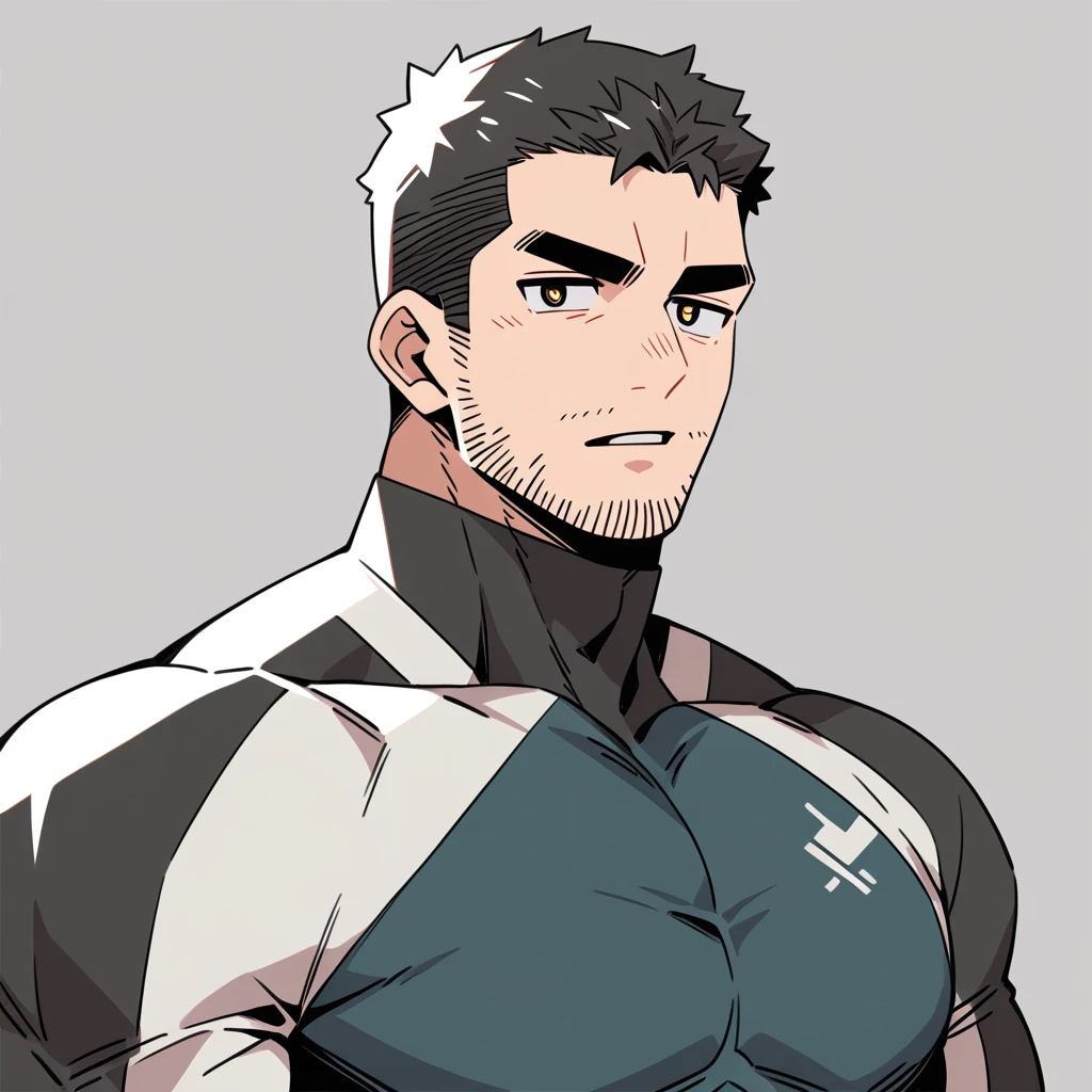 anime characters:Chris Redfield, Muscle Sports Student, Buzz Cut, Manliness, male focus, Dark black Yellow high collar long sleeve tight T-shirt, Very tight, full and perky chest muscles, muscular male, muscular, only, Upper body, alone, Black short hair, Thick eyebrows, stubble, Brown-red pupils, Grey background, simple background, amazing quality, best aesthetics, Ridiculous, parted lips, v-shaped eyebrows, jitome, best quality