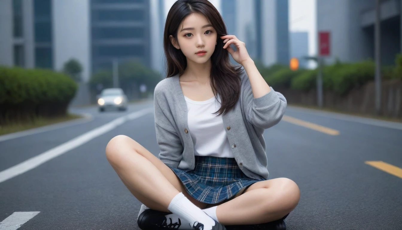 8K, Ultra-high resolution, Highest quality, masterpiece, 三分割法によるphotograph,Surreal, photograph, 1 Girl, (:1.3), pretty girl, Cute face, Beautiful eyes in every detail, 細かくdetailedに,masterpiece,One Girl:1.2, Japan Female Announcer,whole body,from below,Fearful expression,Black Hair,Messy hair,Cyber city of the near future,Wearing a cardigan sweater on your back、A girl sitting cross-legged in the middle of the road,Facing forward, Plaid pencil skirt, High socks and black shoes,Beautiful leg line beauty,Realistic Skin, Perfect and beautiful face ,完璧でCute face, Skin with attention to detail, Perfect limbs、Narrow waist、Thin legs),Looking at the audience、beauty,Long neck、(((Ideal body type))),A cup small breasts :2,Portraiture:2,Perfect Anatomy,鮮明なdetailed,detailed,Surreal,Light and shadow,darkness