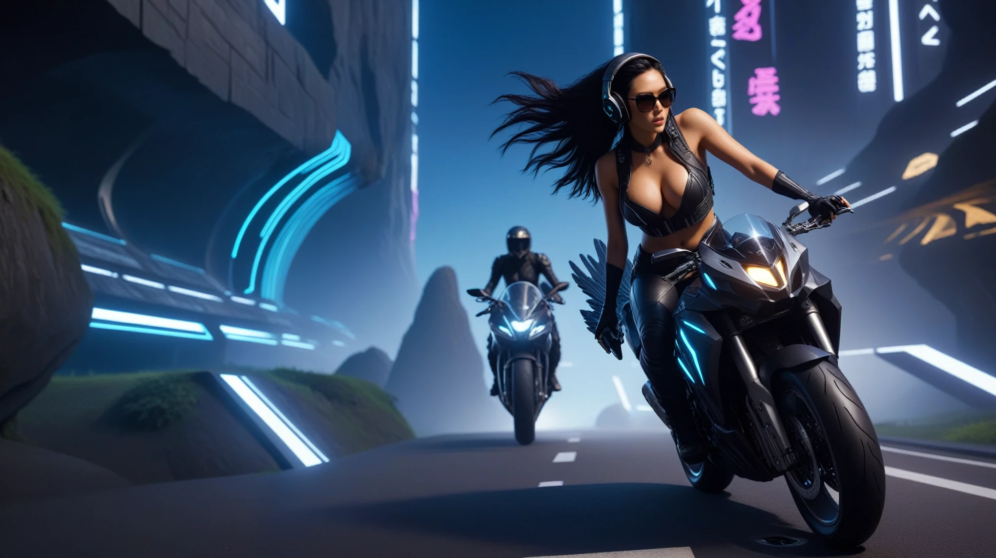 C7b3rp0nkStyle, dark night, prehistoric maze mysterial park, moai statue, waterfall, eagle, cyberpunk, sci-fi, futuristic, tech. (((((1girl, solo, alone, superbiker, close-up superbike shot))))), medium-breast:1.1 slim body, cleavage, sexy clothes, (headphone, black sunglasses, long black realistic hair), (((superbike riding and holding pistol poses))), half-body thigh level medium shot, cinematic lighting, lens flare, ray tracing.