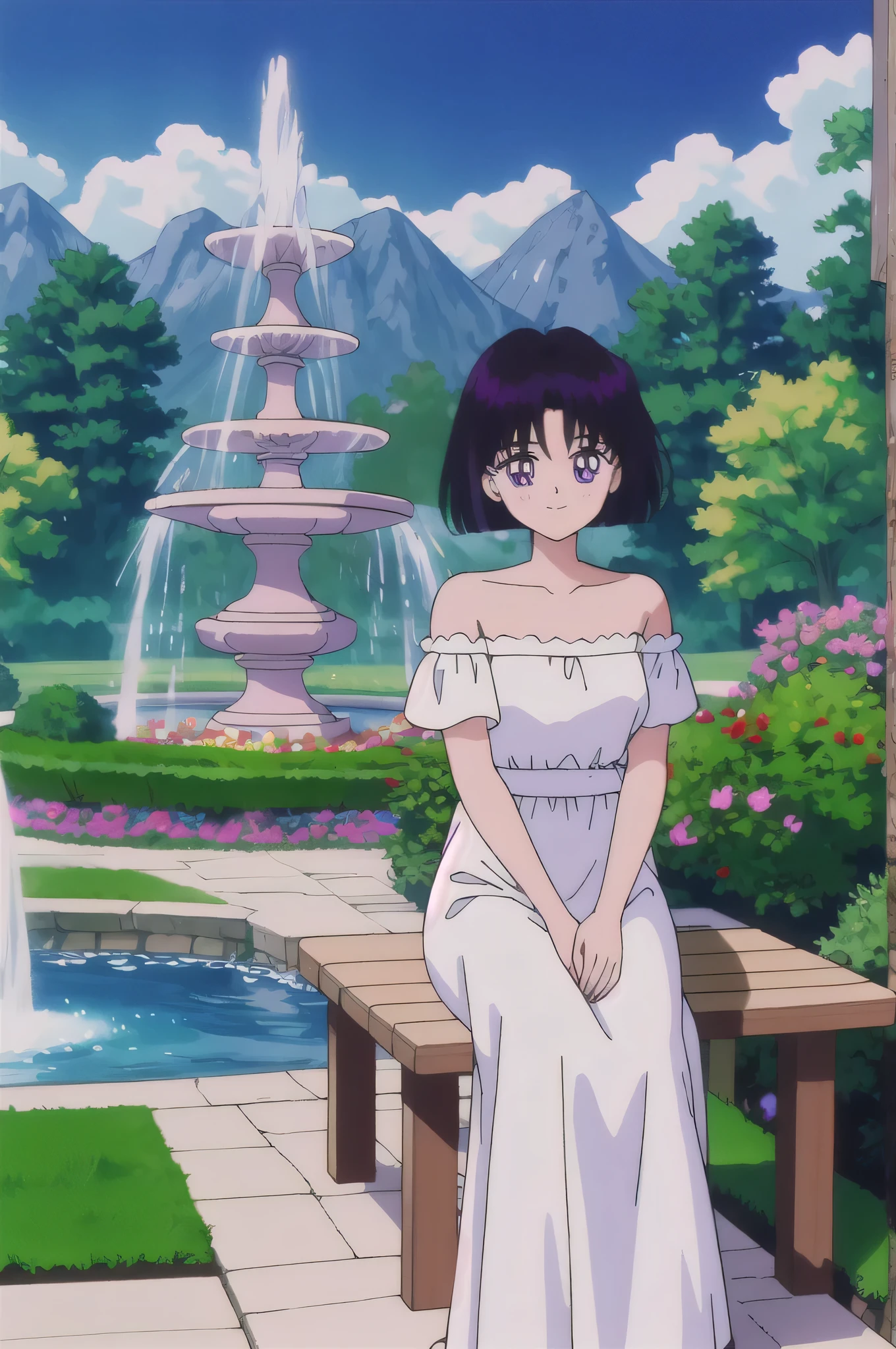 Hotaru Tomoe, 1 girl, solo, Best quality, masterpiece, High Definition, Teenager, Purple Eyes, Beautiful Detail Eyes, Black Bob Hair, Good hands at sides, Seductive Smile, Blushing, Bare Neck, Bare Shoulders, strapless white ruffle off the shoulder maxi dress. Sitting on a park bench. Cowboy shot. A landscape of blue skies, a mountain, a mansion, an garden maze, a water fountain, 
