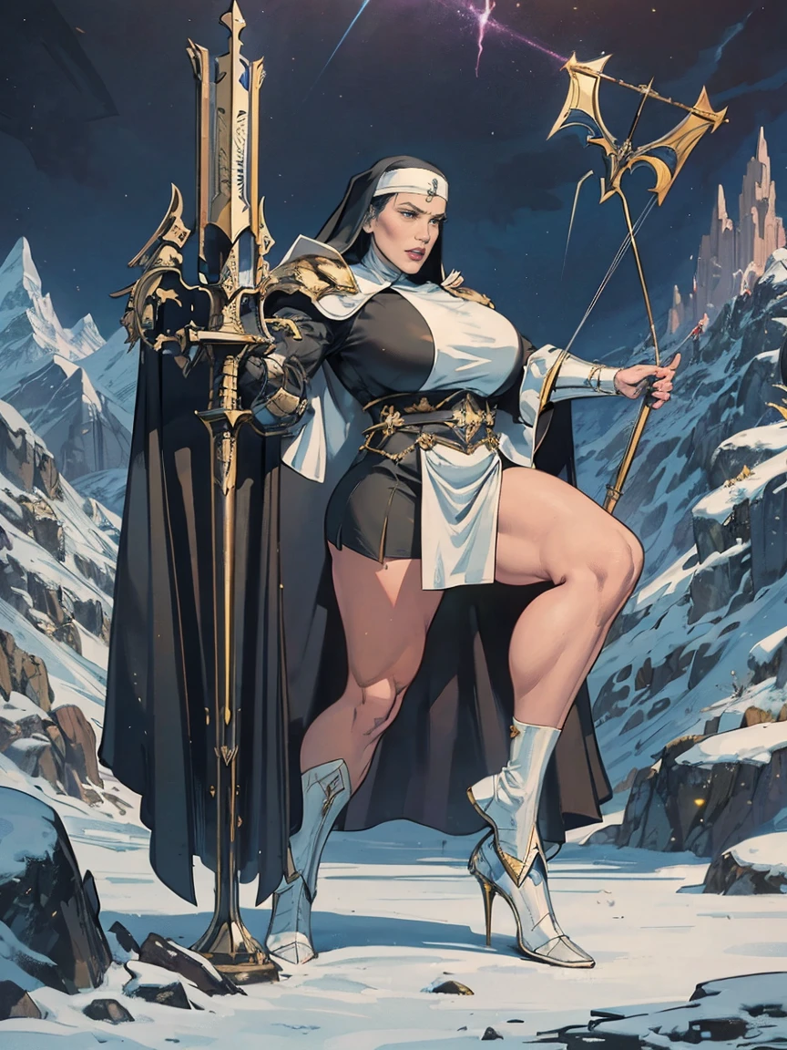 (masterpiece, top quality, best quality, official art, beautiful and aesthetic:1.2), (1girl:1.3), ((Sharp facial features, sharp features, hawkish features)), ((grey eyes)), busty paladin knight girl, extremely detailed, portrait, looking at viewer, solo, (full body:0.6), detailed background, full-body shot, (cold mountain nighttime glacier theme:1.1), holy knight, (nun), charlatan, smirk, mysterious, swaying in mountains, armor, polished metal, gold trim, long boots, white fabric, pelvic curtain, robe, pale leather, ((((nun, crossbow, heavy armor, armored, long legs, robes, prayer scrolls, toned, muscular)))), slim waist, slim hips, long legs, medieval (mountain exterior:1.1) background, dark mysterious lighting, shadows, magical atmosphere, dutch angle