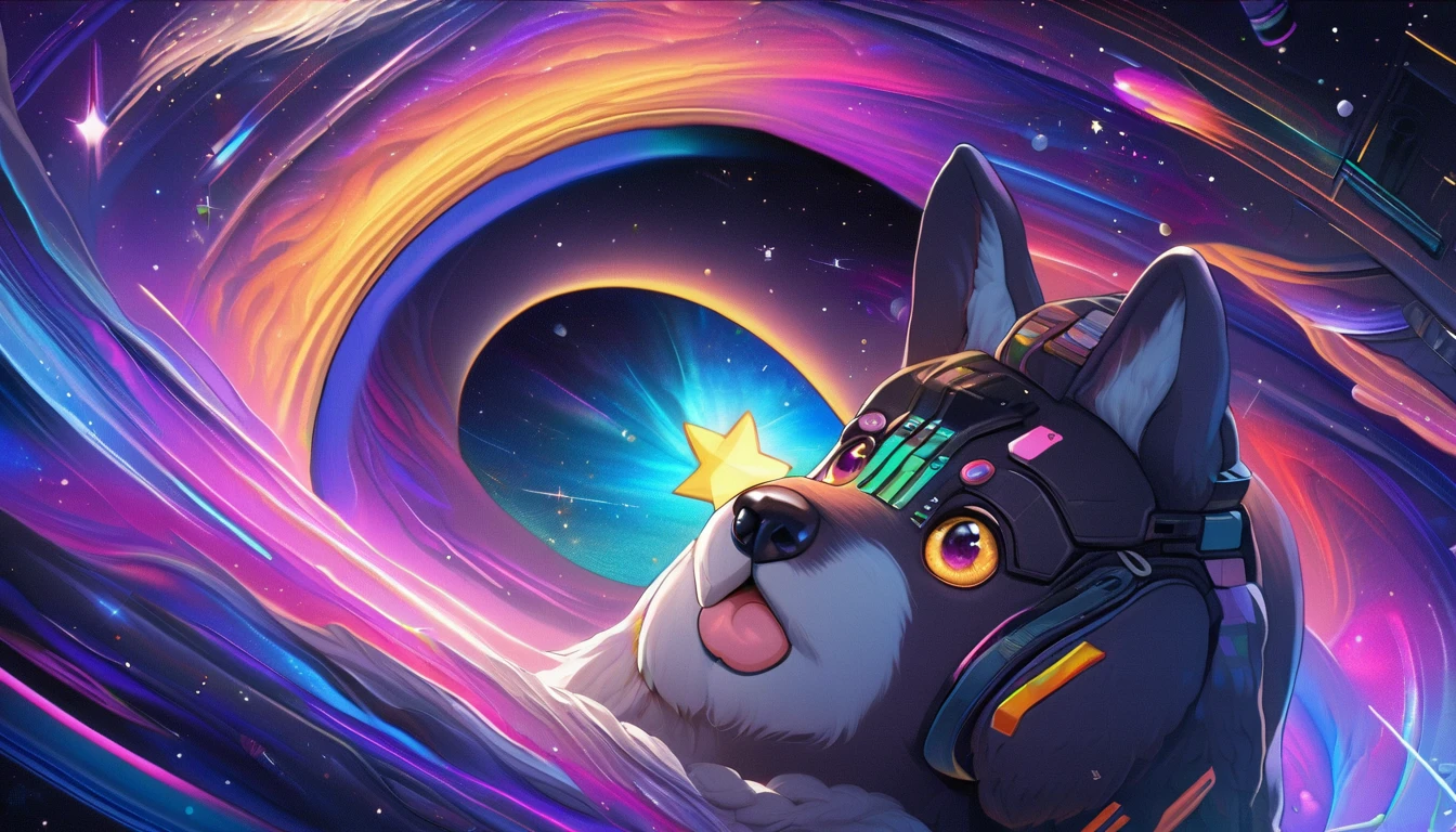 (Cute cartoon style:1.3), (((Close-up of a giant dog exploring space))), (Sleek Cyberpunk Space Suit:1.2), ((Open your head)), Magnificent cosmic landscapes, Black Hole, ((Shining Star)), Intricate Design, Bright colors, Masterpieces with up to 16K resolution, Highest quality, Super detailed, aesthetics, Absurd.