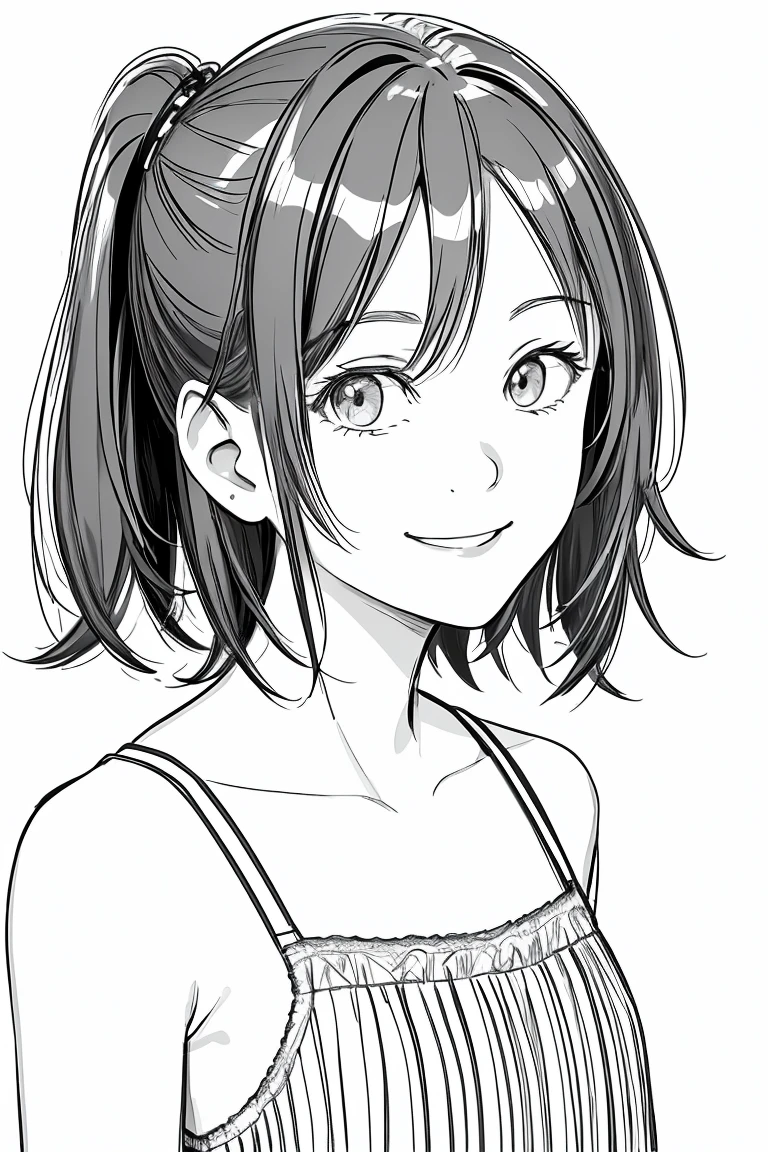 masterpiece,, One girl, alone, short, , tie, White Background, Monochrome, Line art, ((sketch))、Facing forward、Wearing a camisole、smile