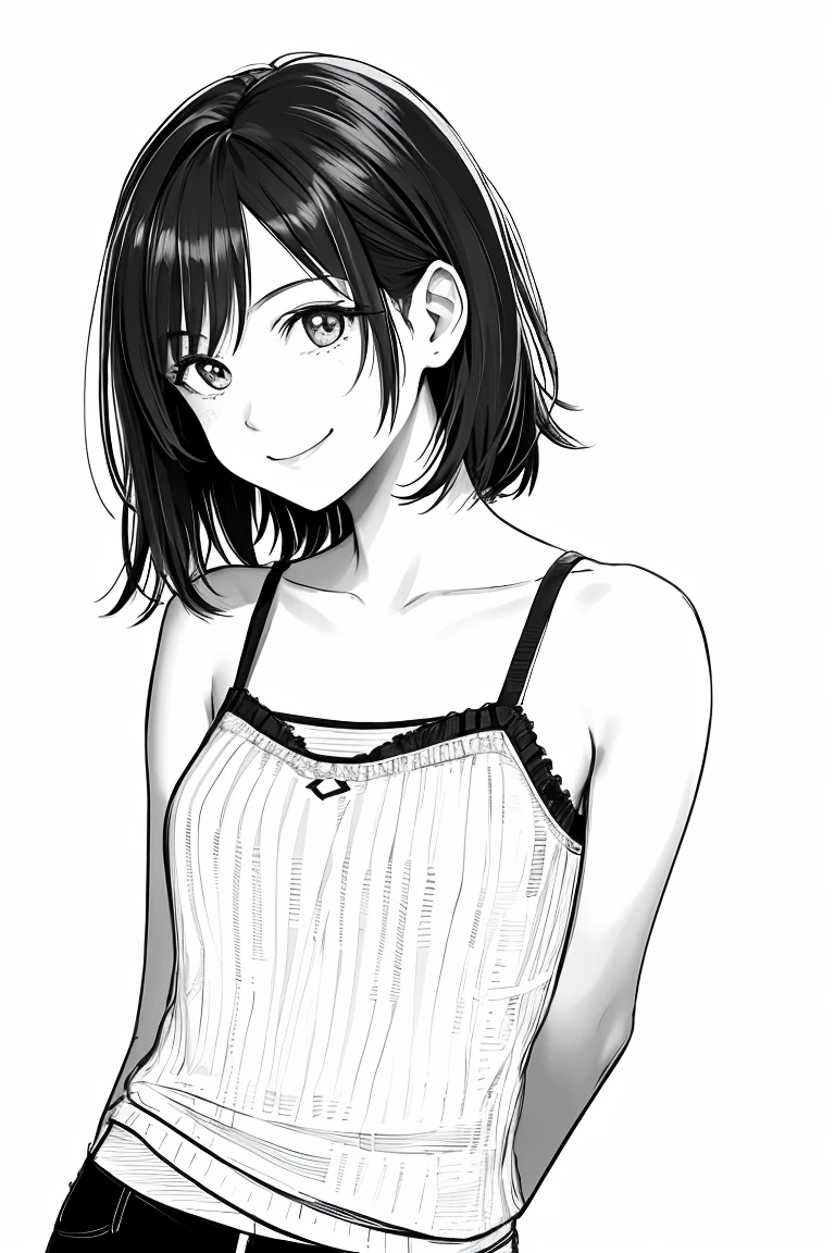 masterpiece,, One girl, alone, short, , tie, White Background, Monochrome, Line art, ((sketch))、Facing forward、Wearing a camisole、smile