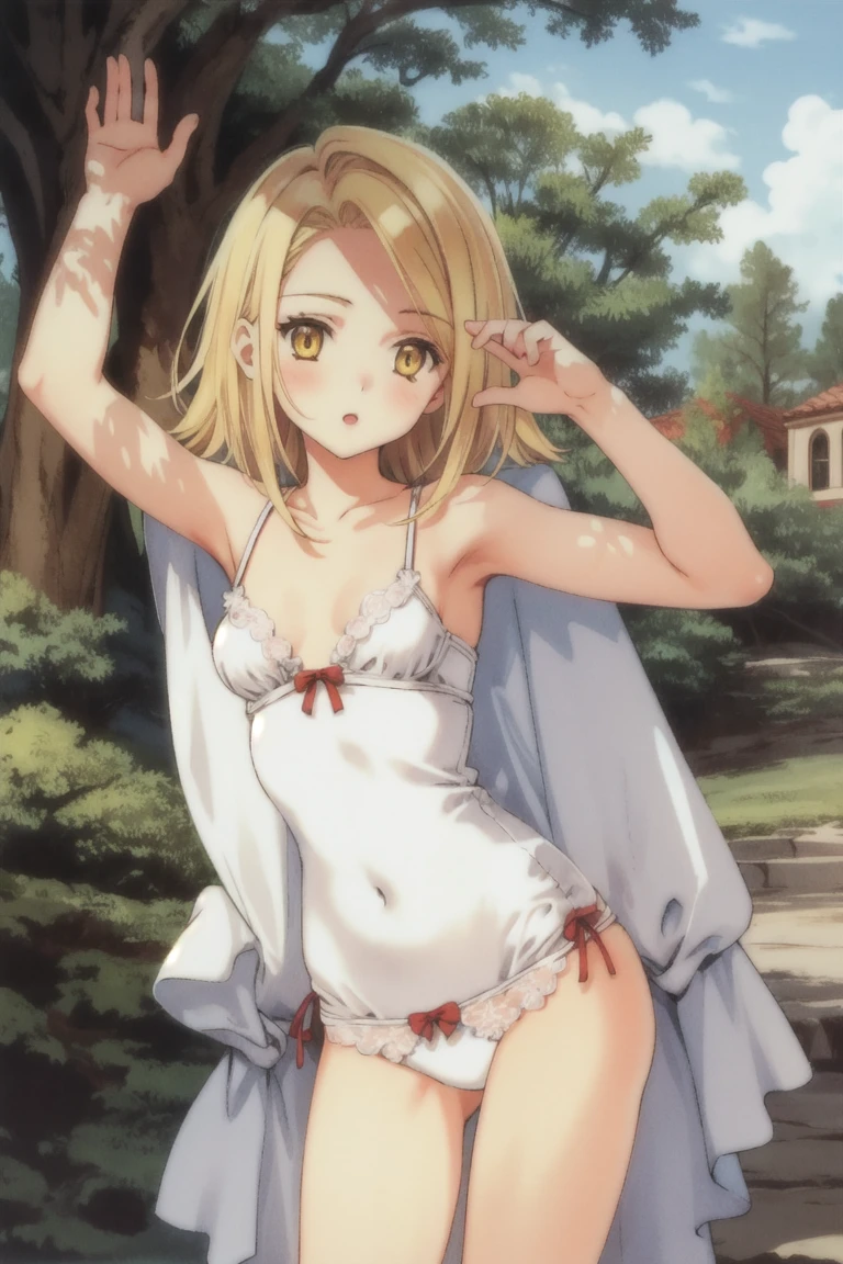 1 girl, sdsElaine, by rubio, yellow eyes, small breasts, white lingerie