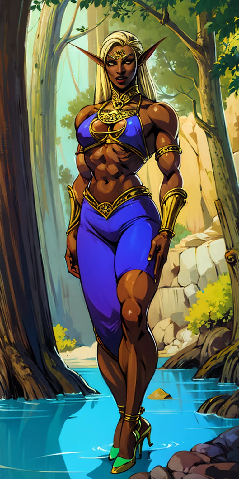 Extremely detailed Artgerm style: This sets the overall artistic style with a high level of detail. Fantasy art: This specifies the genre. Goddess of the green forest: This defines the character's role and gives context to the setting. Woman with long, elf ears: This incorporates the elf features. Black skin: This specifies the character's race. Ornate bikini armor: This combines the skimpy clothing with a fantastical, protective element. Blue high heels standing straight symmetrical: This suggests the color of the bikini and potentially the water body. Long, messy blonde hair: This adds a detail that contrasts the Artgerm style, which is typically more polished for hair.