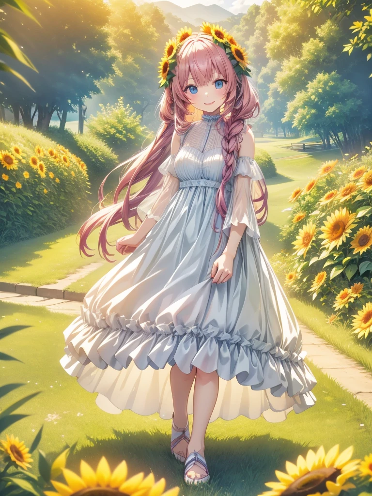 Megurine Luka、Wearing a sheer dress、Covered with a transparent white cloth、Have a bouquet of sunflowers、Laughing happily、Surrounded by flowers