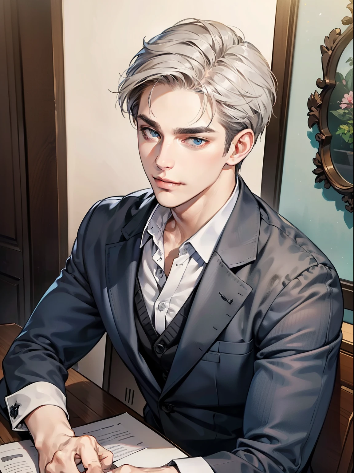 masterpiece, best quality, realistic, 1man, mature male, quiet and charming young man, 41 year old, serious look, closed mouth, portrait, extremely detailed face, cold smile, ((dark grey blue eyes)), ((short-right-swept dark white hair)), [thick eyebrows], ((suit)), handsome, full body, western, Jewish, light brown skin,